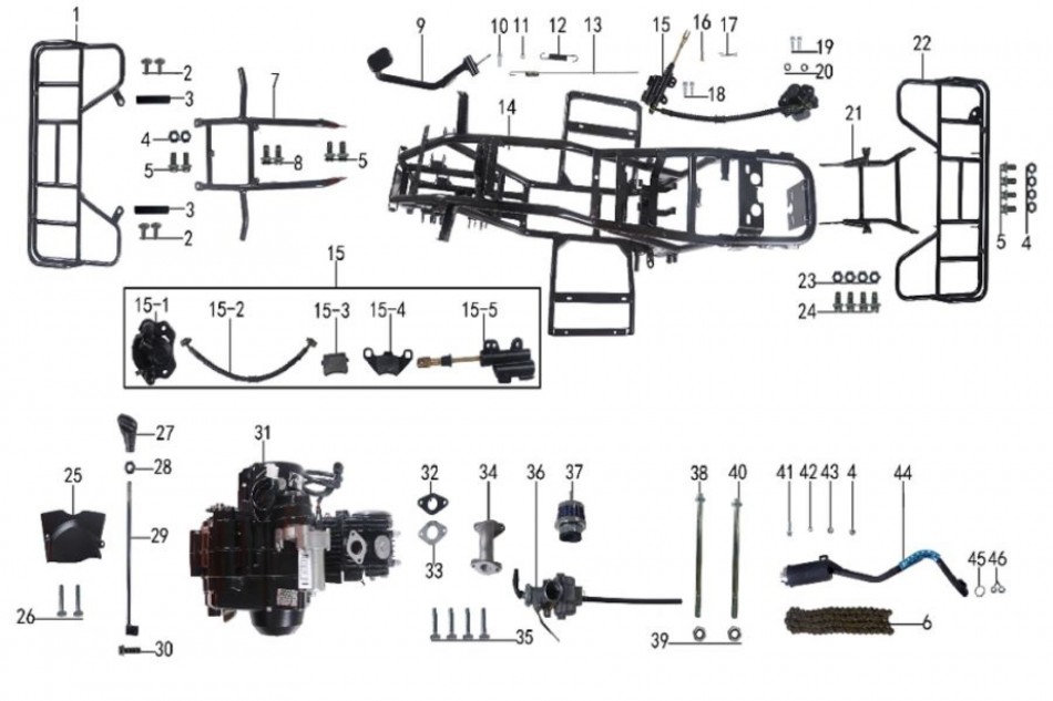 parts of frame ,engine and brake for atv taotao  t-force -vtt lachute