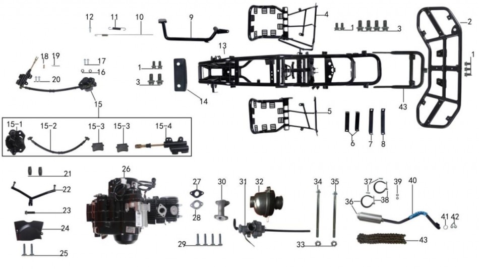 parts for frame ,engine and rear brake for atv taotao ata 125 g -vtt lachute