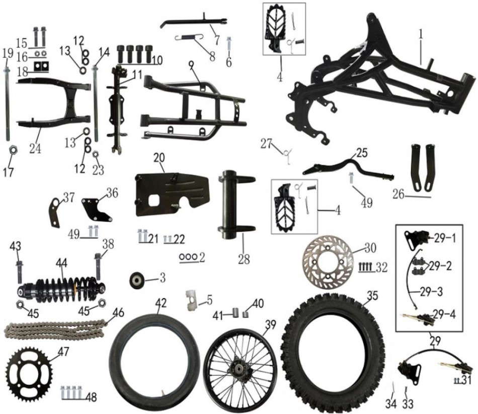 Diagram and parts of Frame and rear system TAOTAO DBX1 - VTT LACHUTE